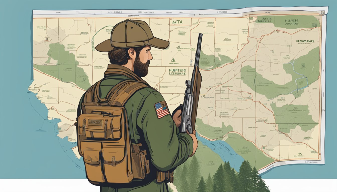 A hunter standing in front of a government building, holding a hunting license while looking at a map of Utah's hunting areas