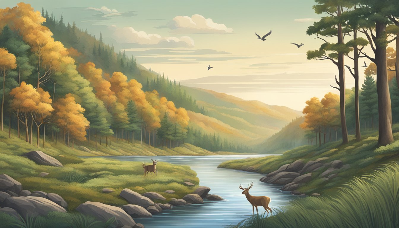 A dense forest with a winding river, surrounded by rolling hills and rocky outcrops. A deer drinks from the water's edge as birds soar overhead