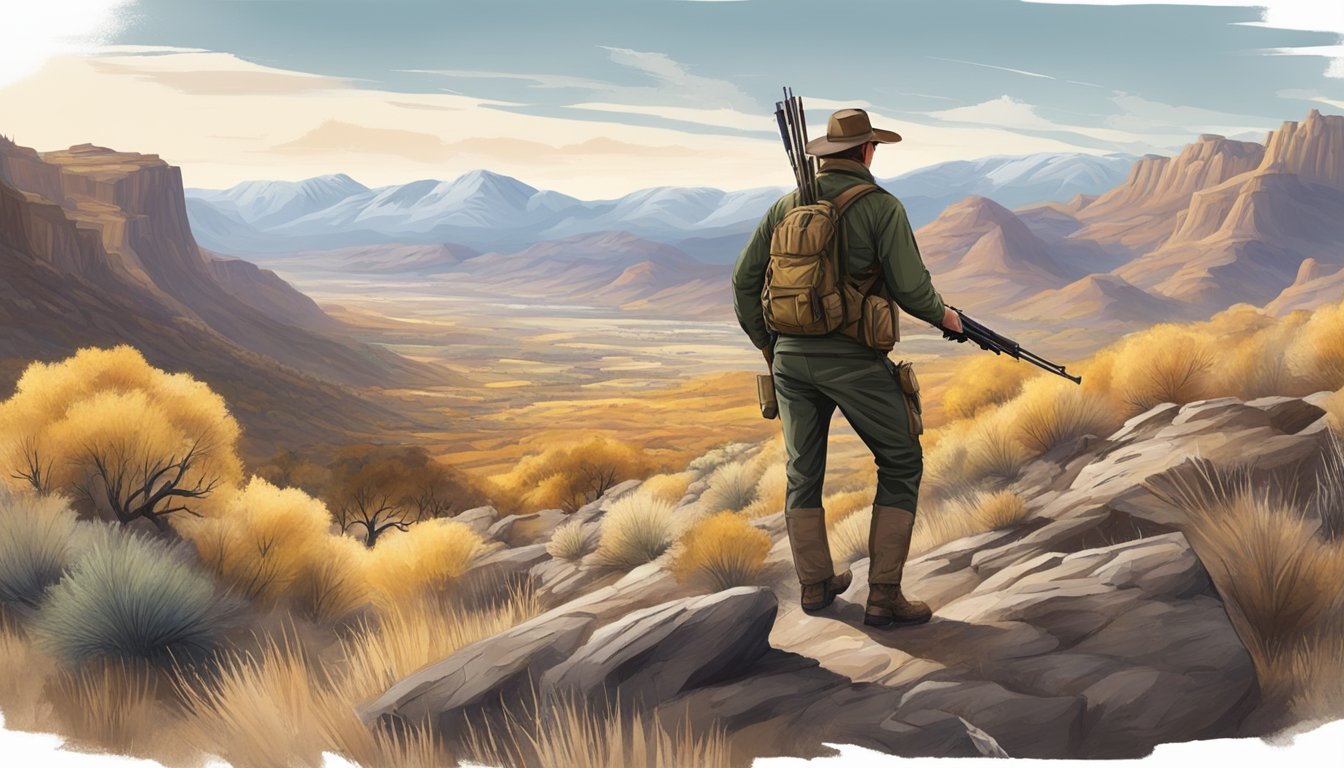 A hunter stalking through a rugged Utah landscape, rifle in hand, with mountains in the background and small game or varmints in the foreground