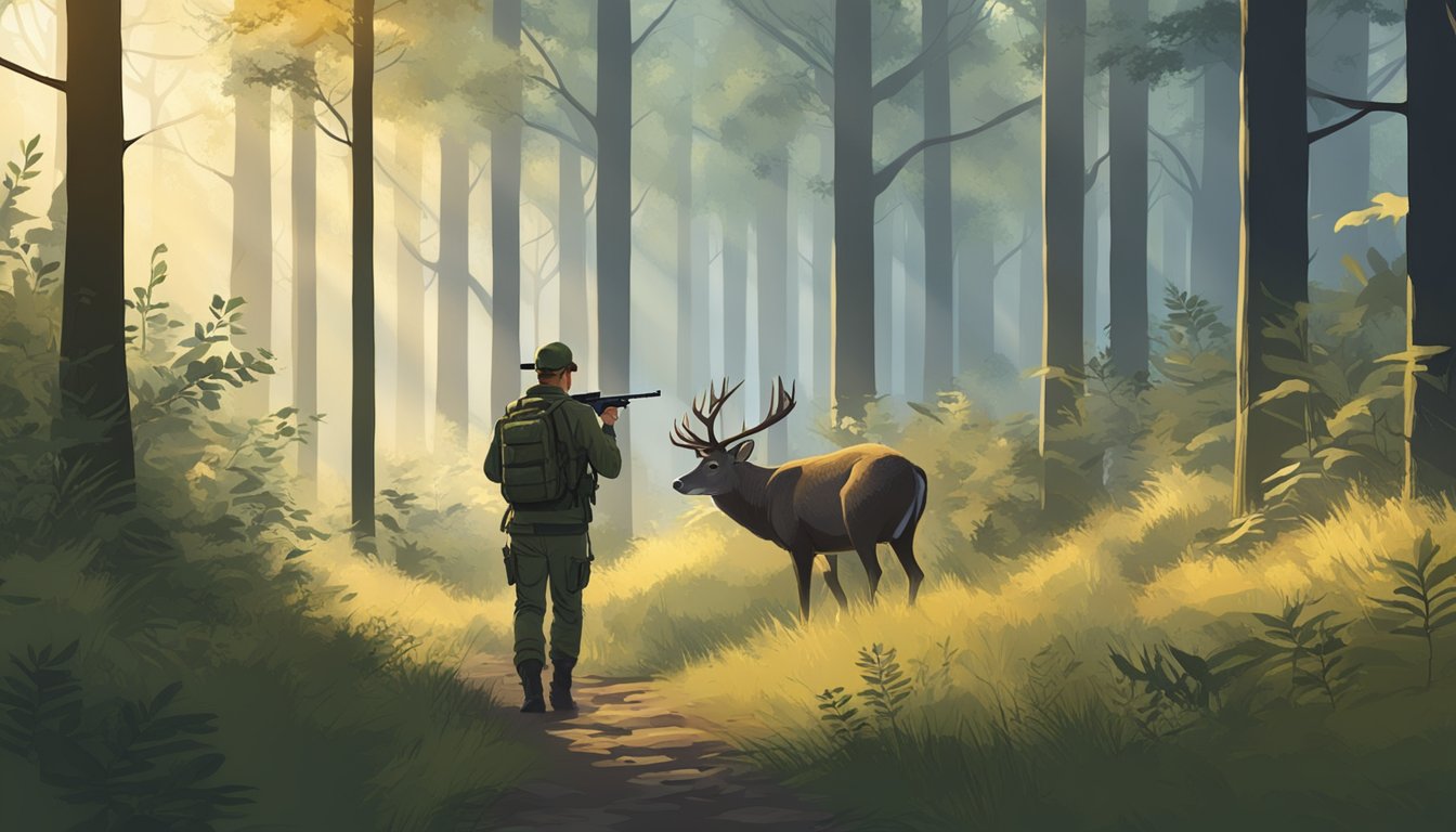 A hunter stalking through a dense forest, bow in hand, tracking a deer in the early morning light