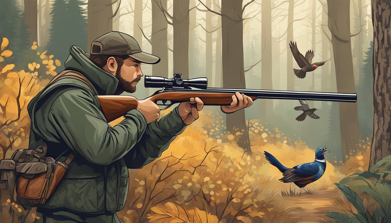 A hunter with a shotgun in a wooded area, aiming at a pheasant flying above the trees