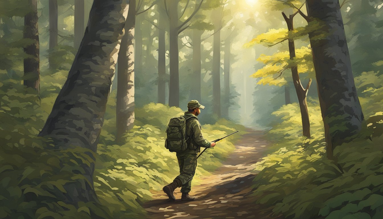 A hunter in camouflage gear quietly stalks through a dense forest, carefully scanning the landscape for signs of wildlife. The sun filters through the trees, casting dappled shadows on the forest floor