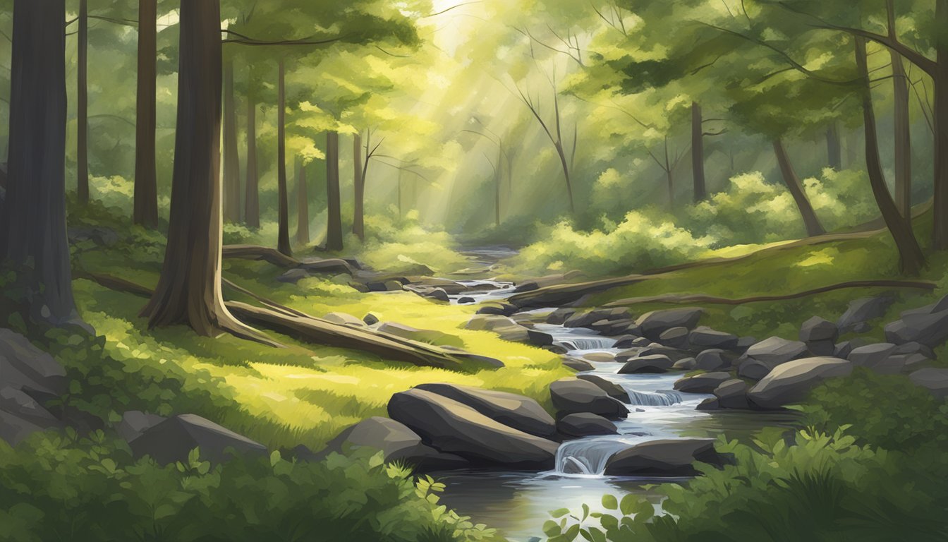 A serene forest clearing in Rhode Island, with sunlight filtering through the trees and a small stream running through the center