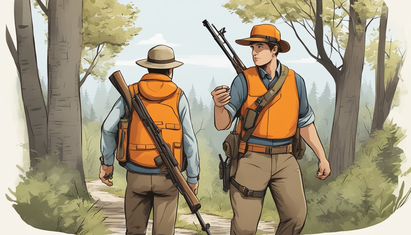 A hunter in orange vest and hat, holding a map and rifle, walking through a wooded area with signs indicating hunting boundaries