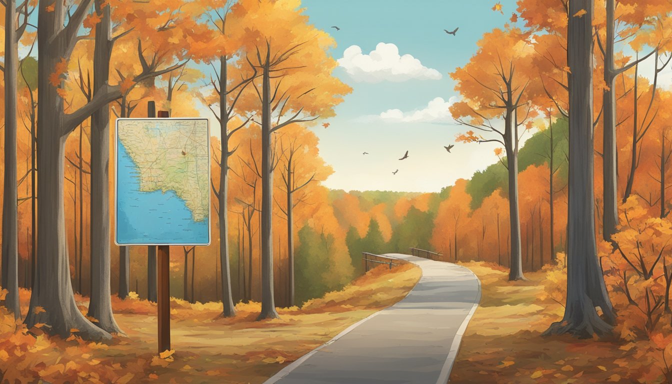 A serene forest clearing in Rhode Island, with colorful autumn leaves and a map of hunting areas displayed on a wooden signpost