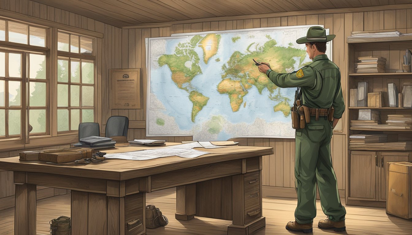 A forest ranger points to a map in a rustic office at the Department of Environmental Management. A hunting rifle and gear are displayed on the wall