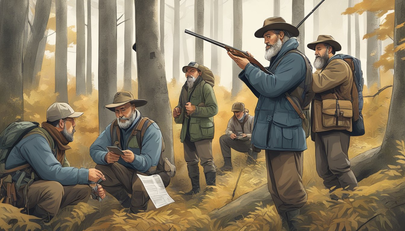 A group of hunters eagerly checking their special hunt permits and raffle tickets in a forest clearing