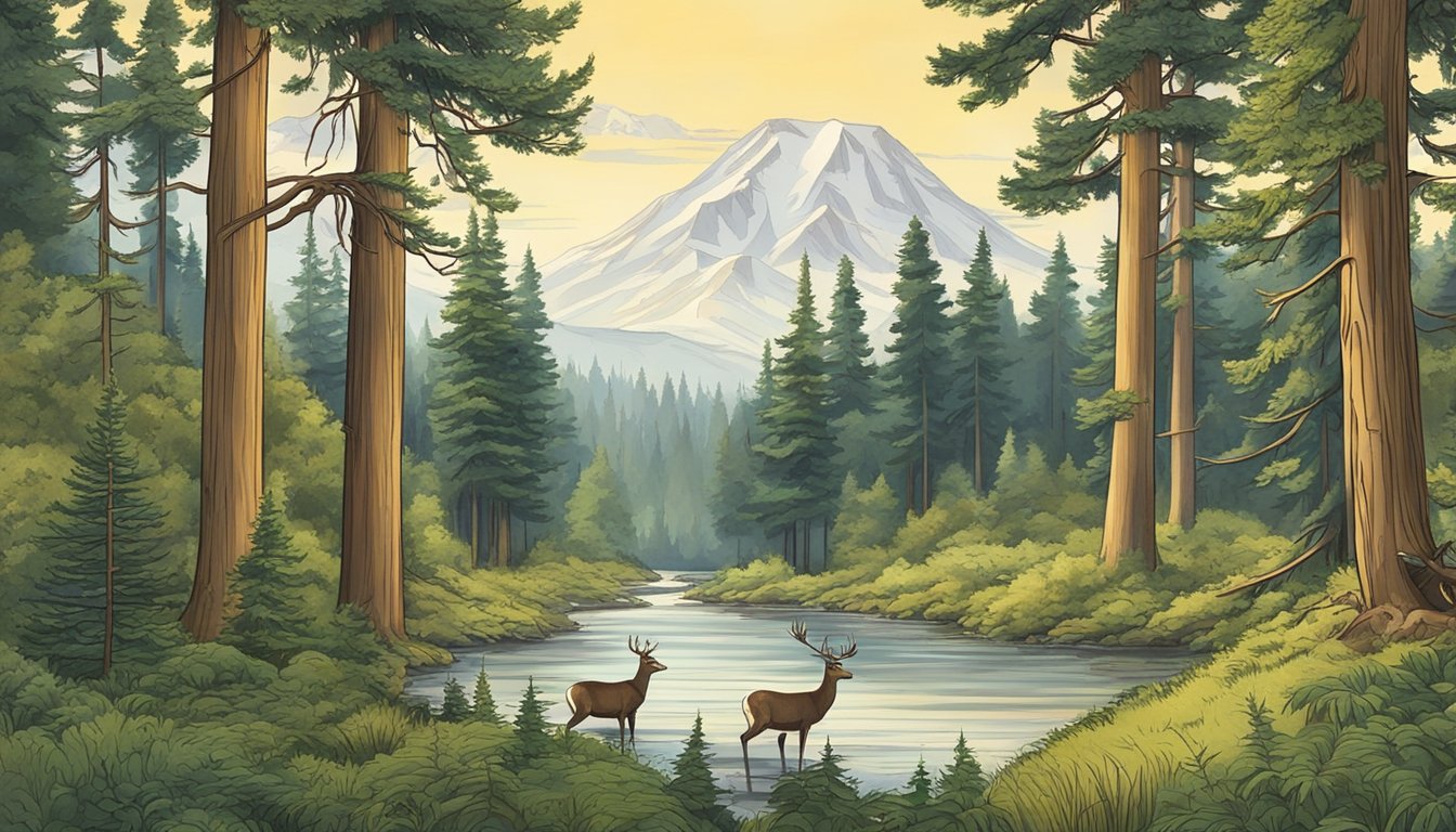 A lush forest in Washington, with towering evergreen trees and a winding river. Deer and elk graze in the meadows, while ducks and geese fly overhead