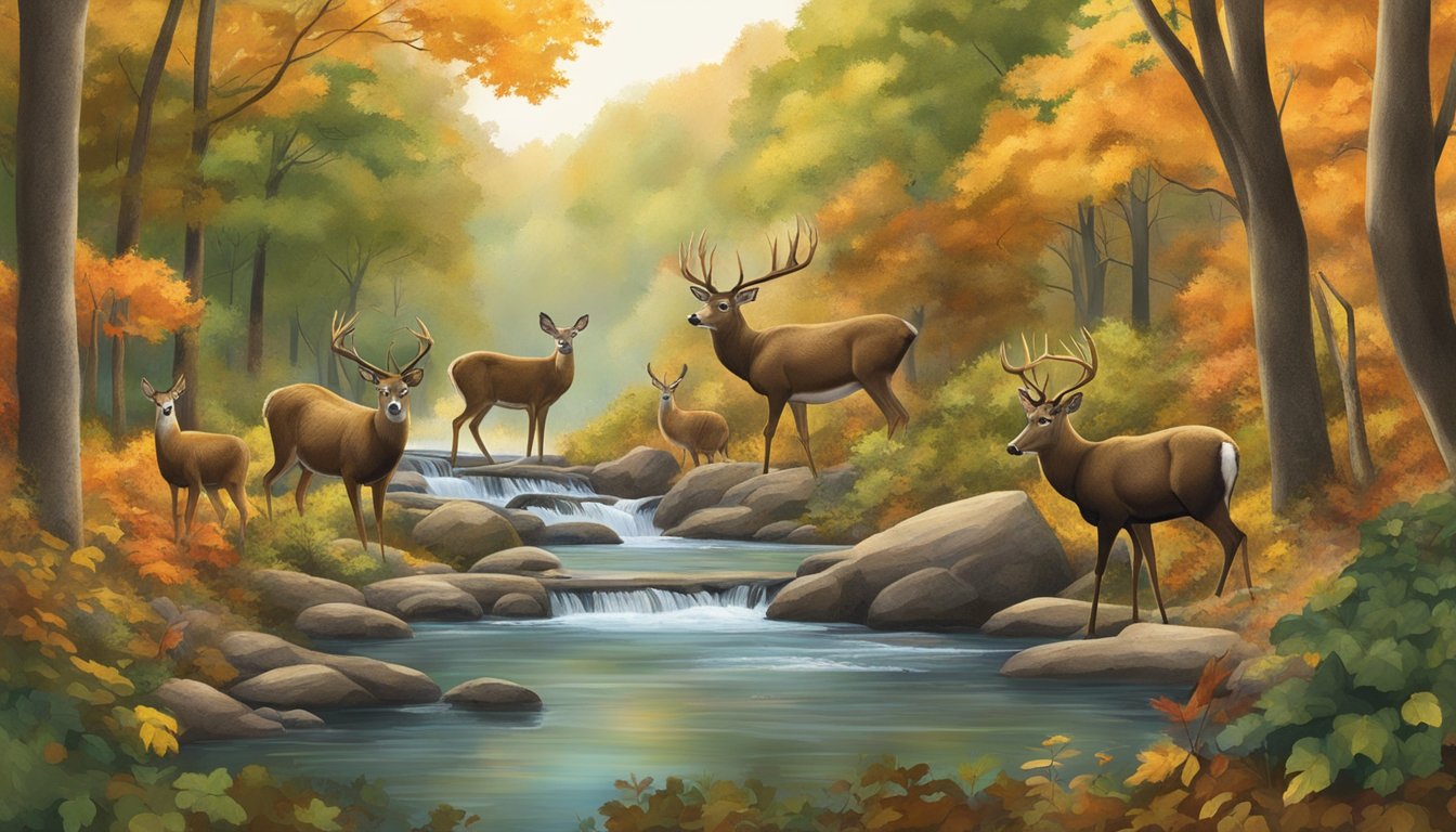 A lush Tennessee forest with autumn leaves, a stream, and various wildlife, such as deer, turkey, and waterfowl, in their natural habitats