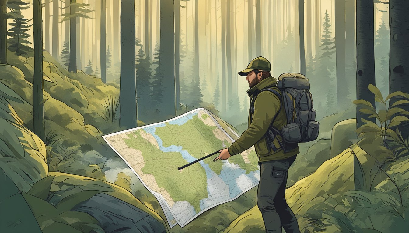 A hunter navigating through a dense forest, with a map of Washington's hunting areas in hand, looking for the perfect spot to set up