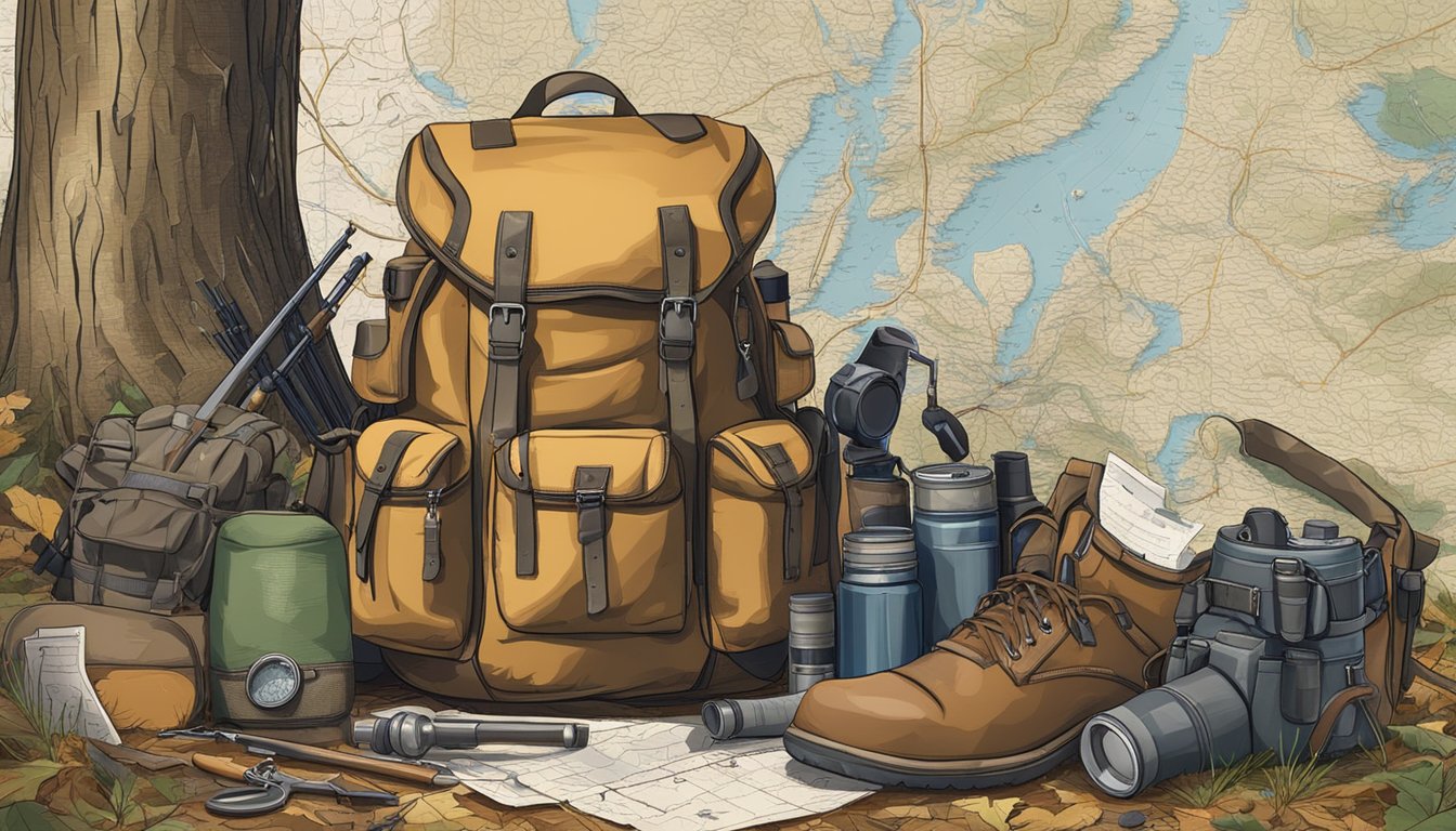 A hunter's backpack and rifle rest against a tree in a dense Wisconsin forest, surrounded by maps, compass, and hunting gear