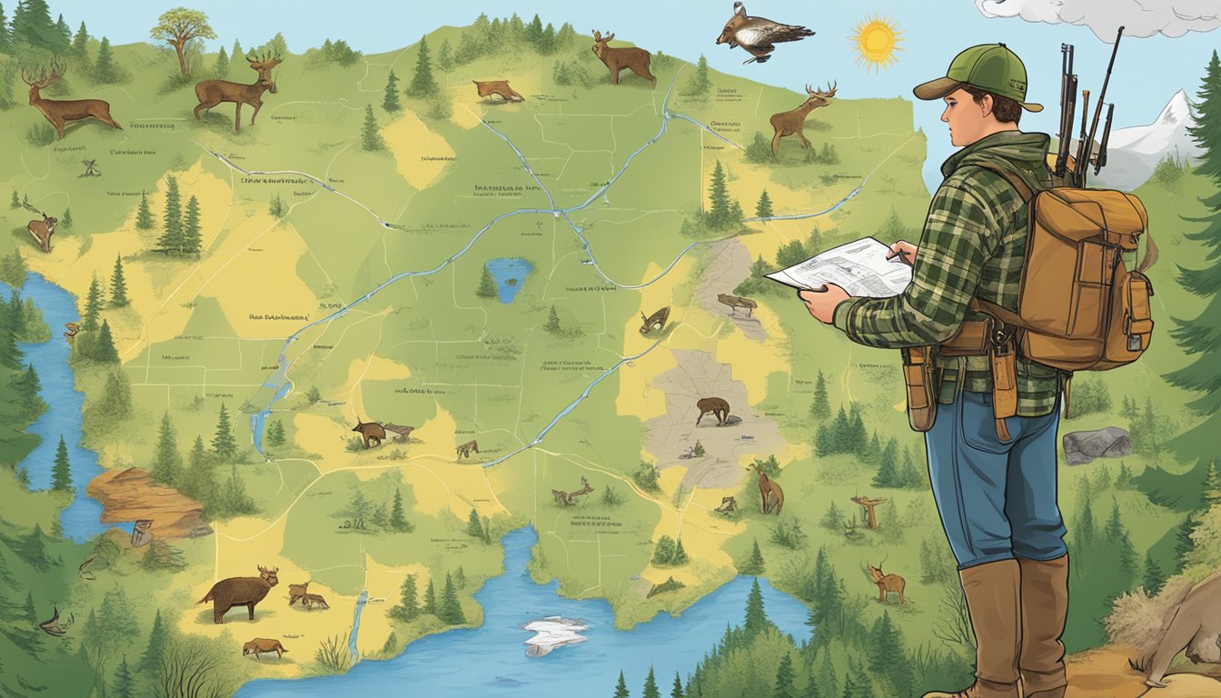 A hunter studying a map of Wisconsin with various hunting locations marked