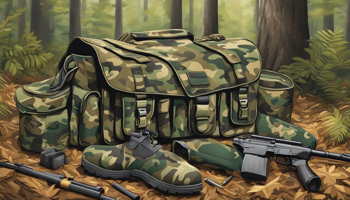 A camouflage hunting jacket and boots are laid out next to a rifle and ammunition box in a forest clearing in Tennessee