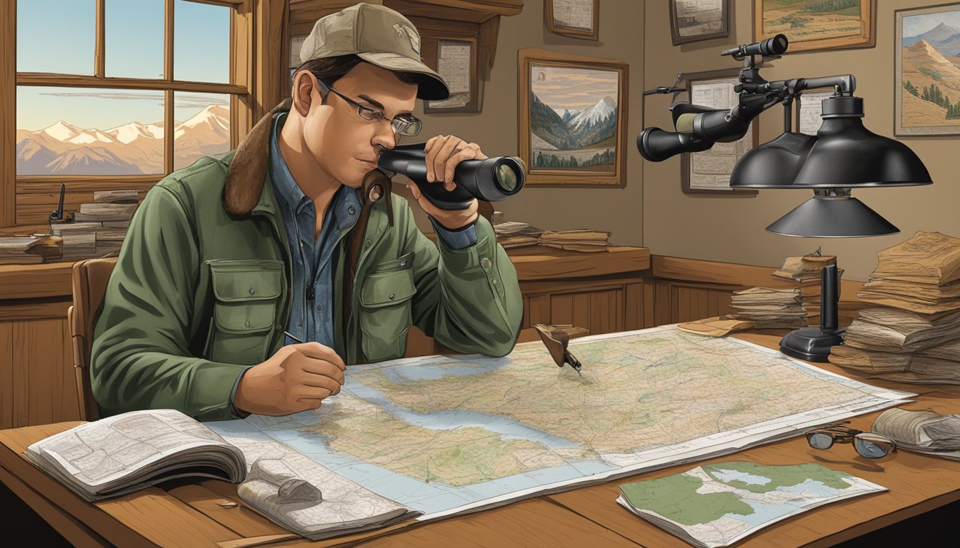 A hunter studying Wyoming's hunting regulations at a desk cluttered with maps, binoculars, and a rifle. A map of Wyoming hangs on the wall