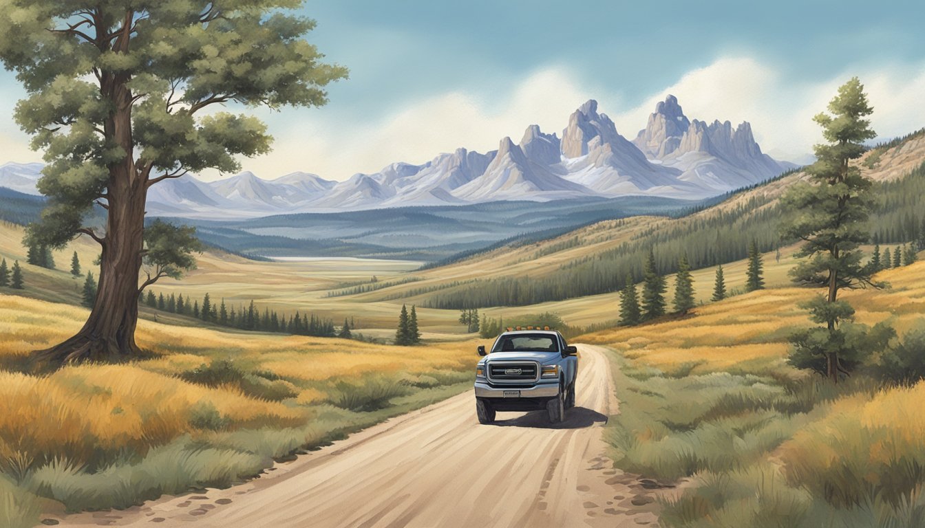 A vast, open landscape in Wyoming, with rolling hills, forests, and clear streams. A hunter's truck parked on a dirt road, with mountains in the distance