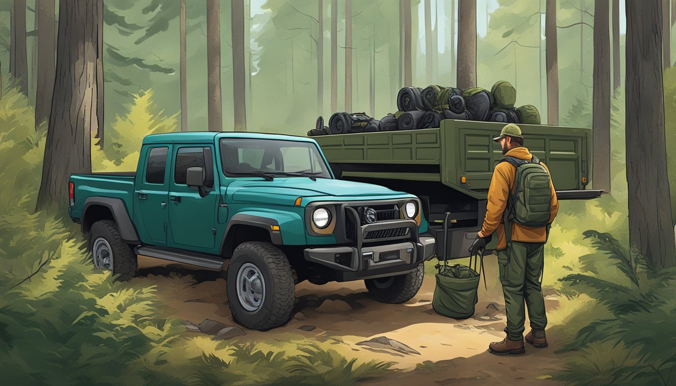 A hunter loading gear into a truck in a forest clearing