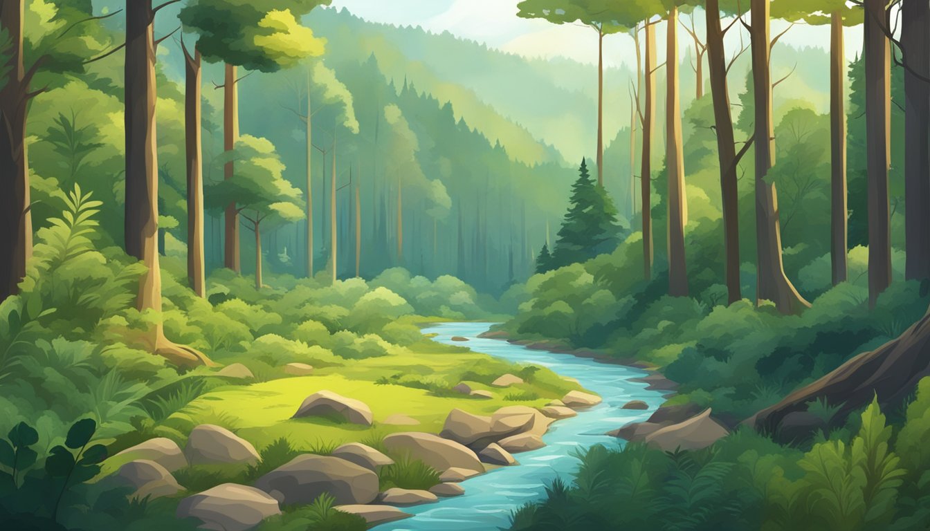 A dense forest with tall trees, a winding river, and a clearing with various animal tracks