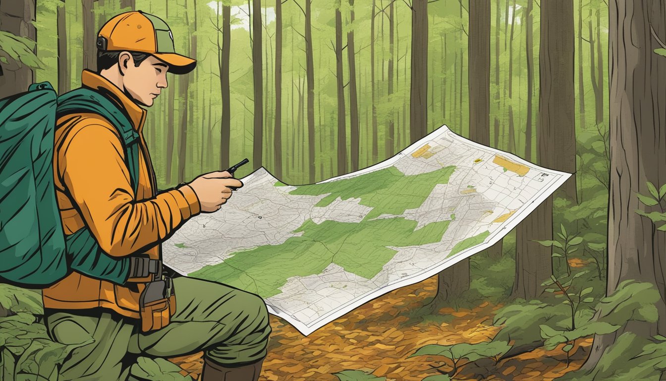 A hunter navigating through a dense Vermont forest, checking a map and studying hunting regulations. Wildlife and signs indicating hunting zones are visible