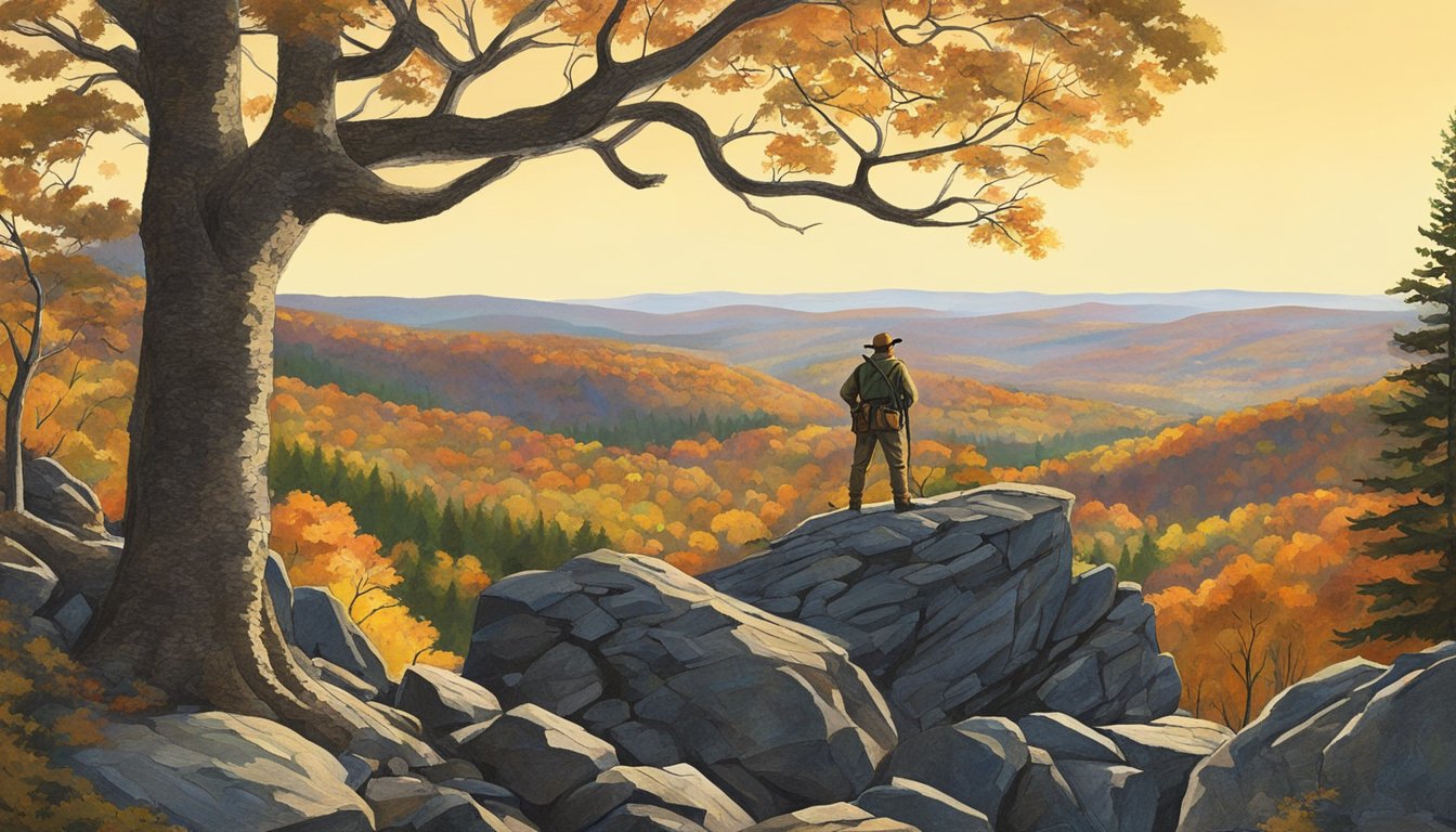 A hunter stands on a rocky outcrop, surveying the dense Vermont forest below. The late afternoon sun casts long shadows over the rolling hills, as the hunter carefully selects the ideal location for their hunt