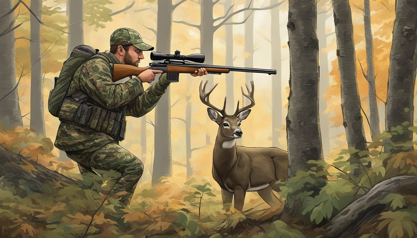 A hunter in camouflage aims a rifle at a deer in a forest clearing in Vermont