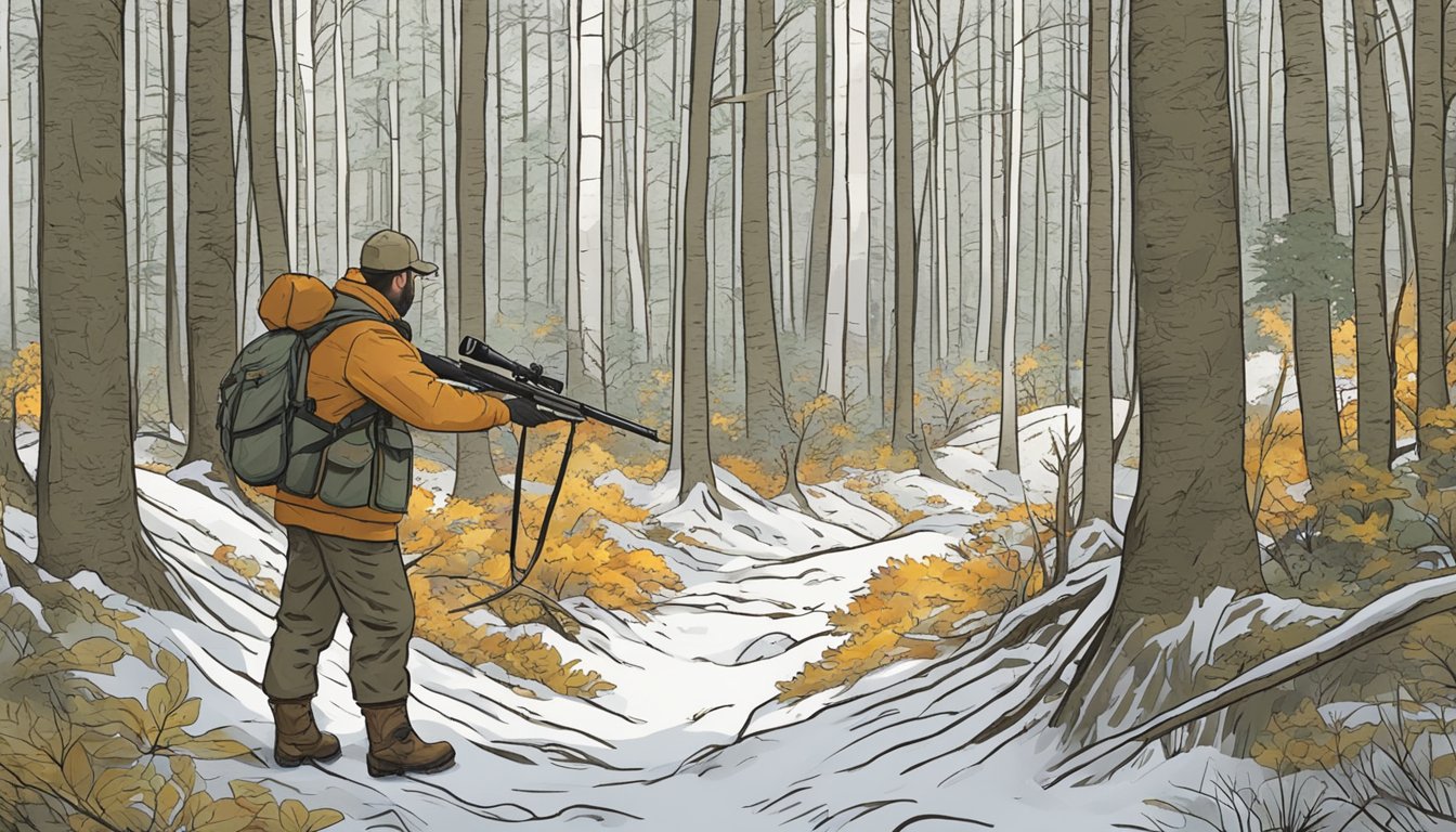 A hunter in Vermont tracking a deer through a dense forest, carefully choosing a responsible and ethical shot