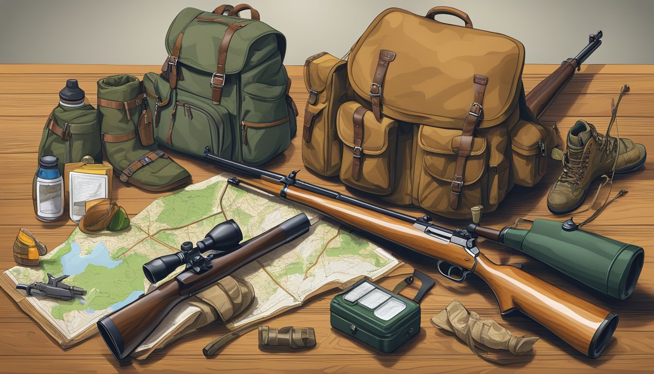 A hunter's backpack and rifle laid out on a wooden table, surrounded by a map of Vermont and various hunting gear