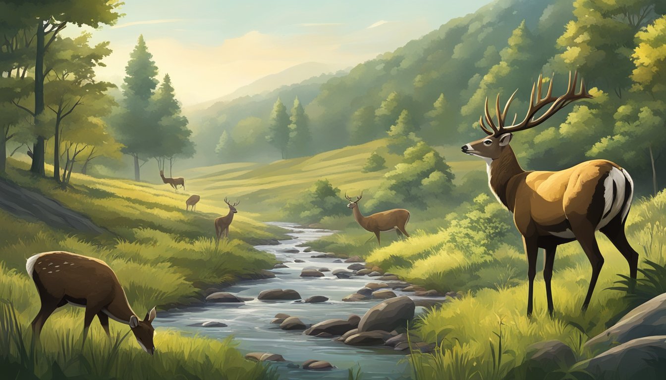 A dense forest with rolling hills, a clear stream, and various wildlife such as deer, turkey, and small game