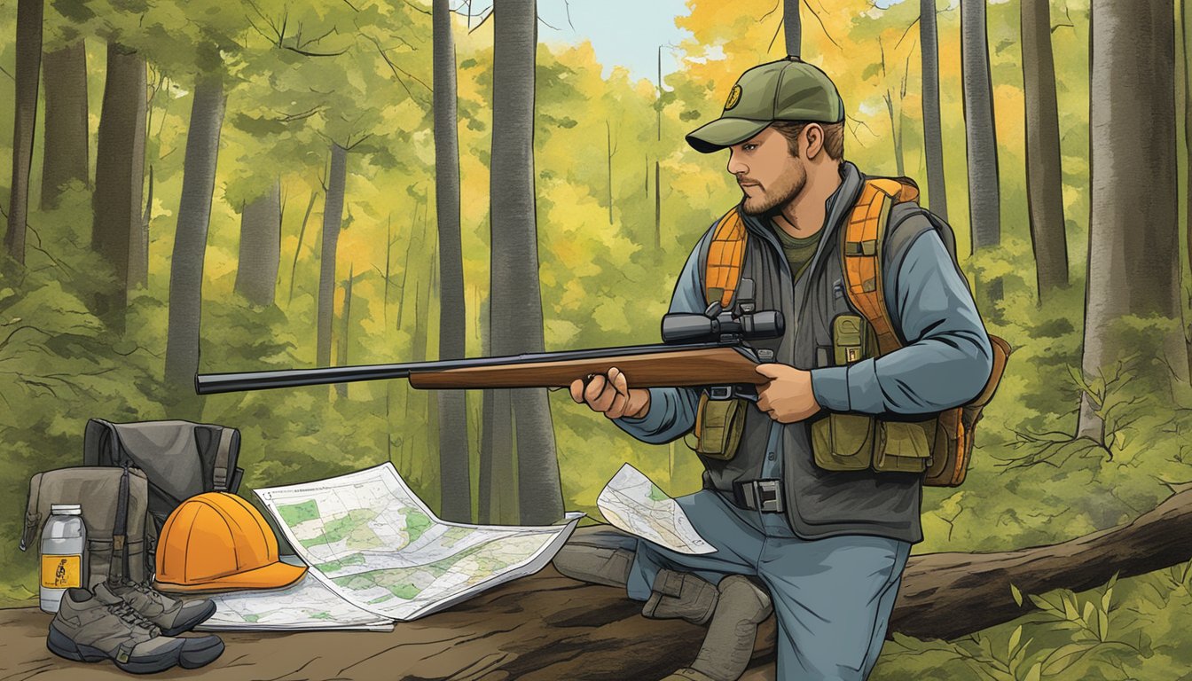 A hunter in West Virginia displaying a valid license and permits in a wooded area with a map and hunting gear