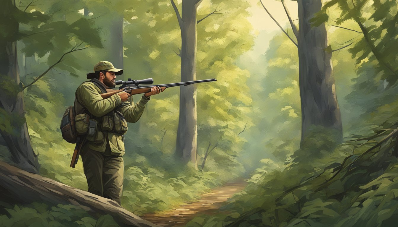 A hunter stalking through a dense forest, rifle in hand, eyes scanning the trees for game, surrounded by the natural beauty of West Virginia