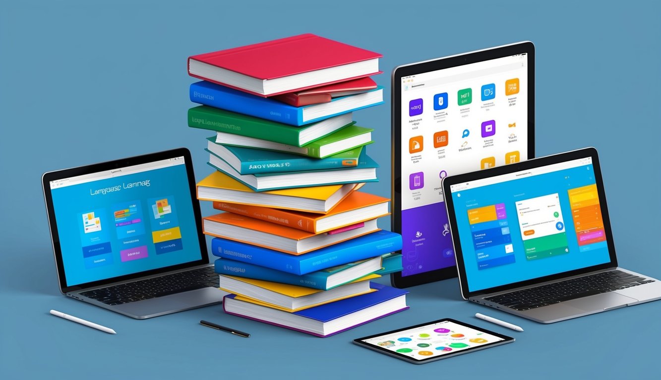 A stack of colorful language textbooks surrounded by open laptops and tablets with language learning websites and apps displayed on the screens