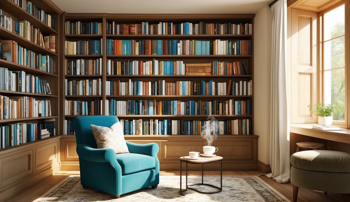 A cozy, sunlit study with a bookshelf full of diverse titles, a comfortable armchair, and a small table with a steaming cup of tea