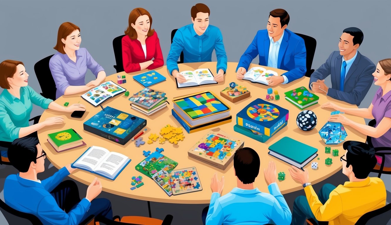 A group of diverse objects arranged on a table, including books, puzzles, and educational games, surrounded by a circle of people engaged in discussion and problem-solving