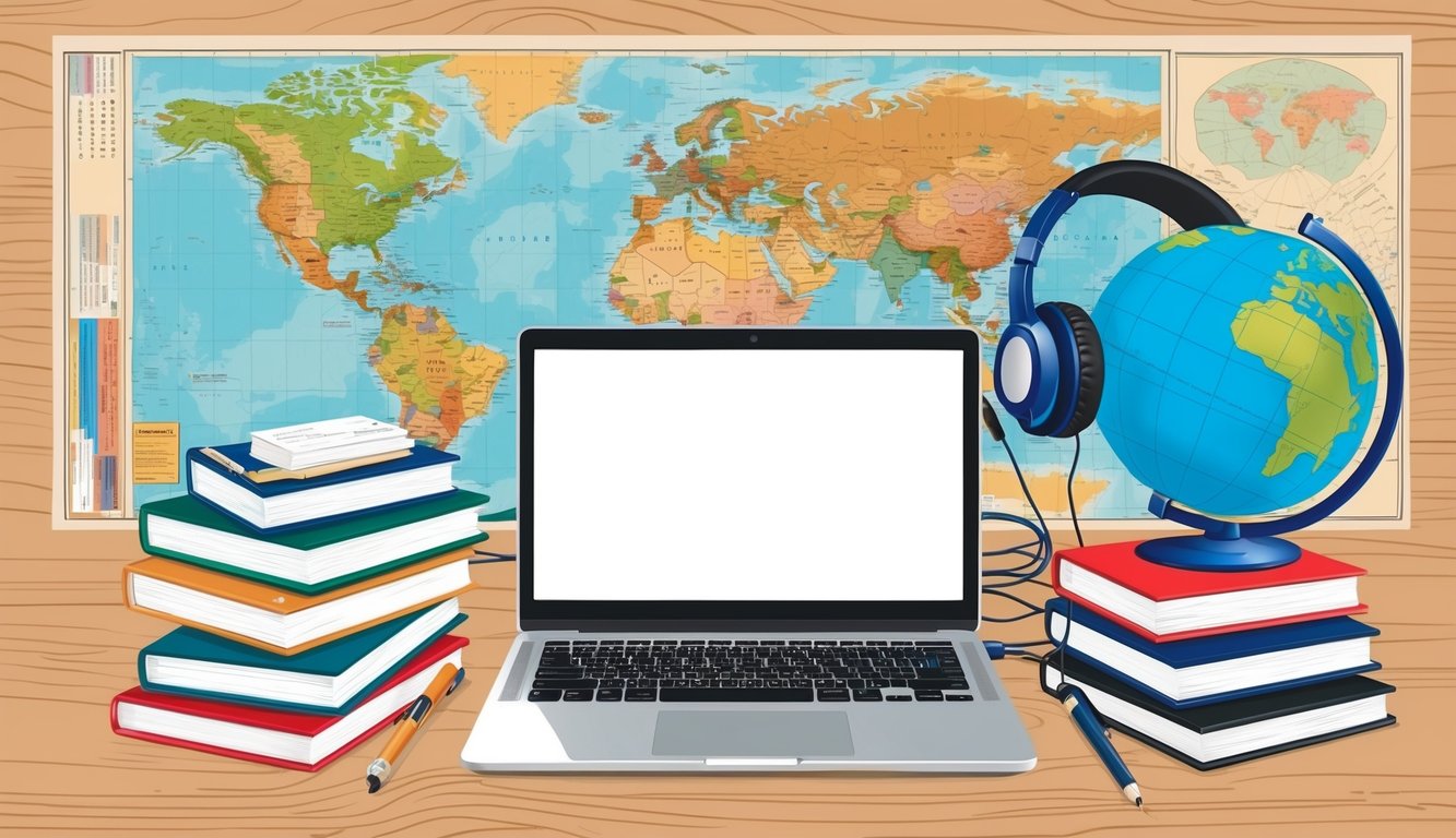 A laptop surrounded by various language textbooks and a headset, with a globe and map in the background