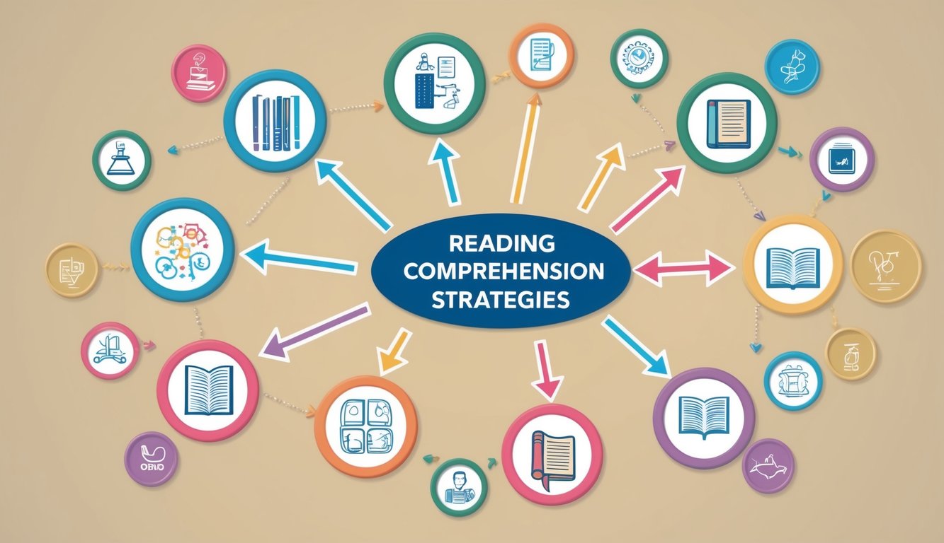 A colorful flowchart with arrows connecting various reading comprehension strategies, surrounded by icons representing different techniques and methods