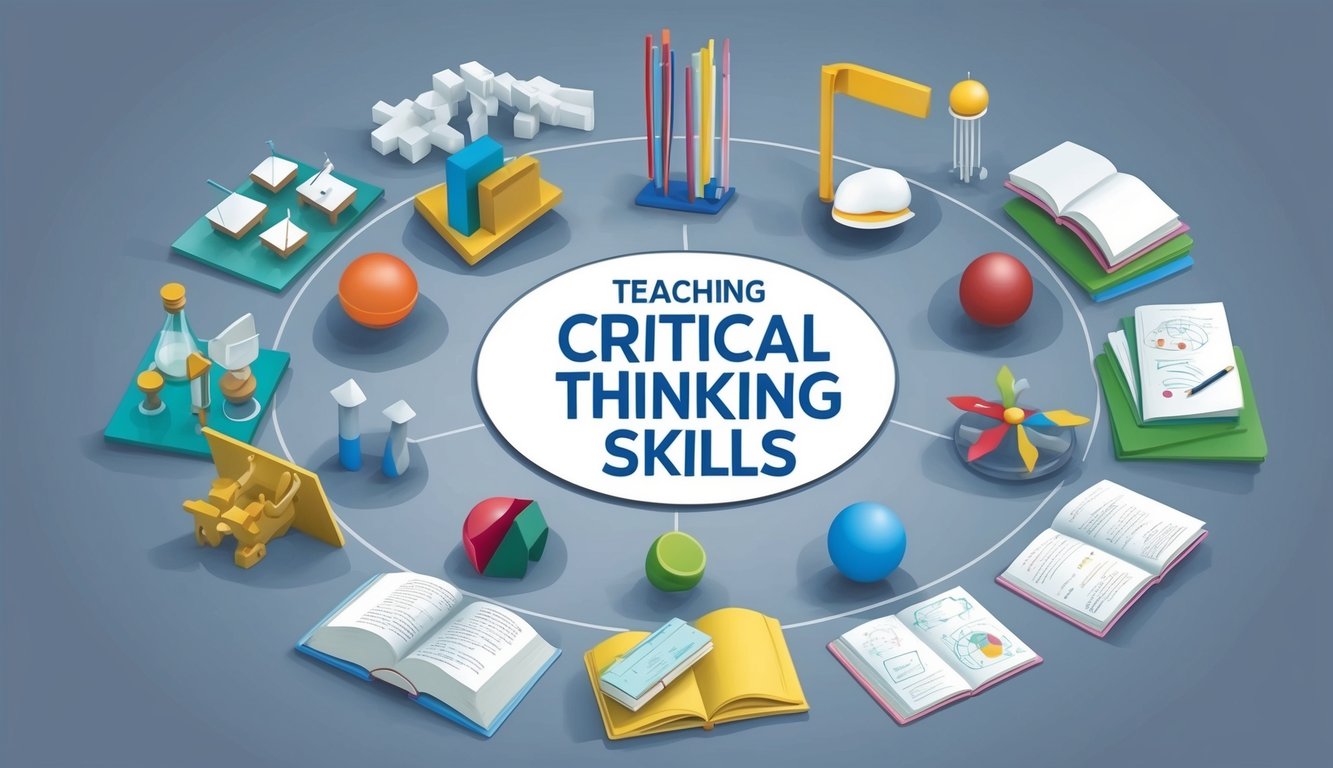 A group of diverse objects arranged in a circle, each representing a different strategy for teaching critical thinking skills