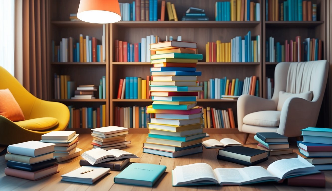 A stack of colorful books arranged in a circle, surrounded by various reading materials and a cozy reading nook with a comfy chair and a bright lamp