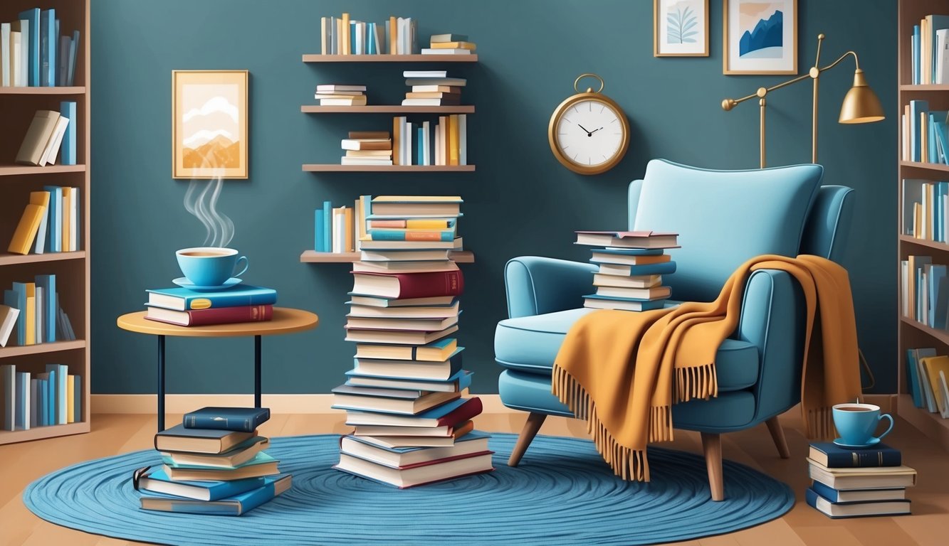 A cozy reading nook with a stack of books, a comfortable chair, a warm blanket, and a cup of tea on a side table