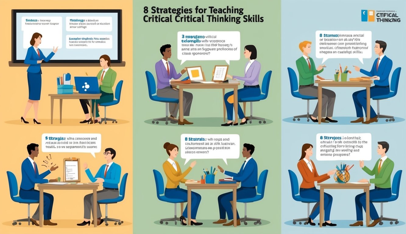 A group of figures engage in various role-playing scenarios, using props and visual aids to demonstrate 8 strategies for teaching critical thinking skills