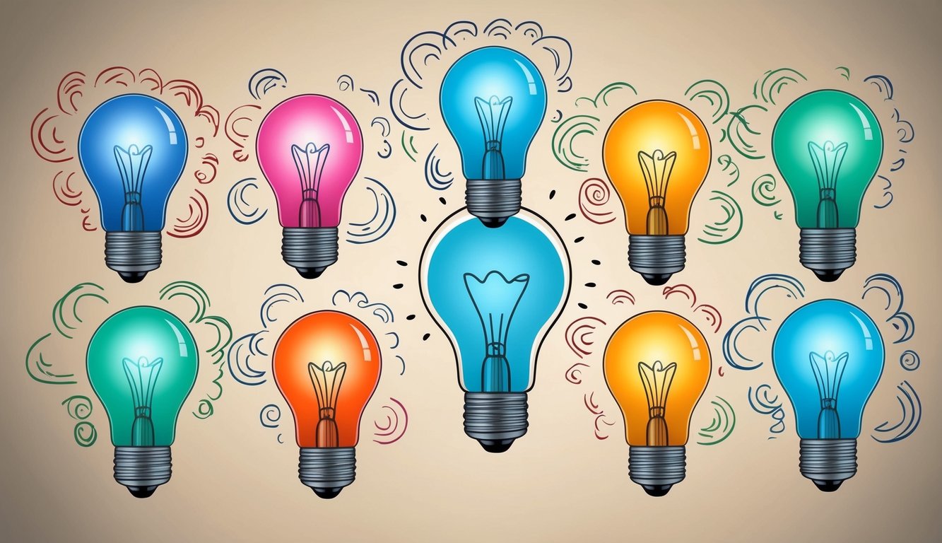 A group of eight colorful lightbulbs surrounded by swirling thought bubbles, each representing a different strategy for teaching critical thinking skills