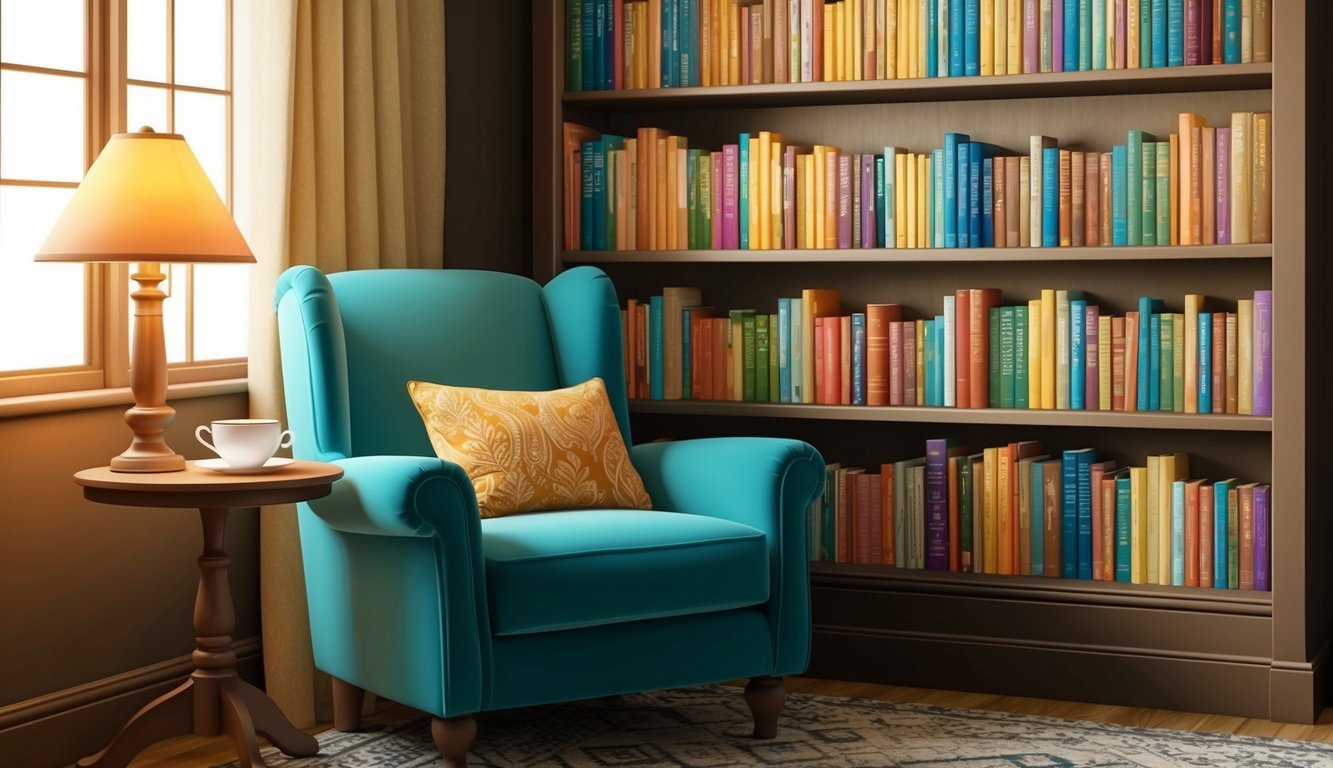 A cozy reading nook with a comfortable chair, a bookshelf filled with colorful books, a warm lamp, and a cup of tea on a side table