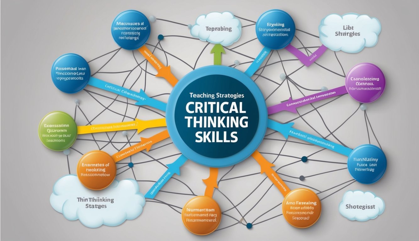 A web of interconnected arrows and bubbles representing various teaching strategies for critical thinking skills