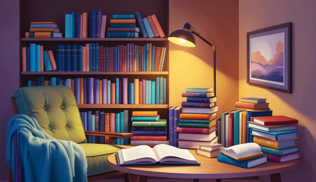 A cozy reading nook with a variety of books, a comfortable chair, a soft blanket, and a warm lamp illuminating the pages