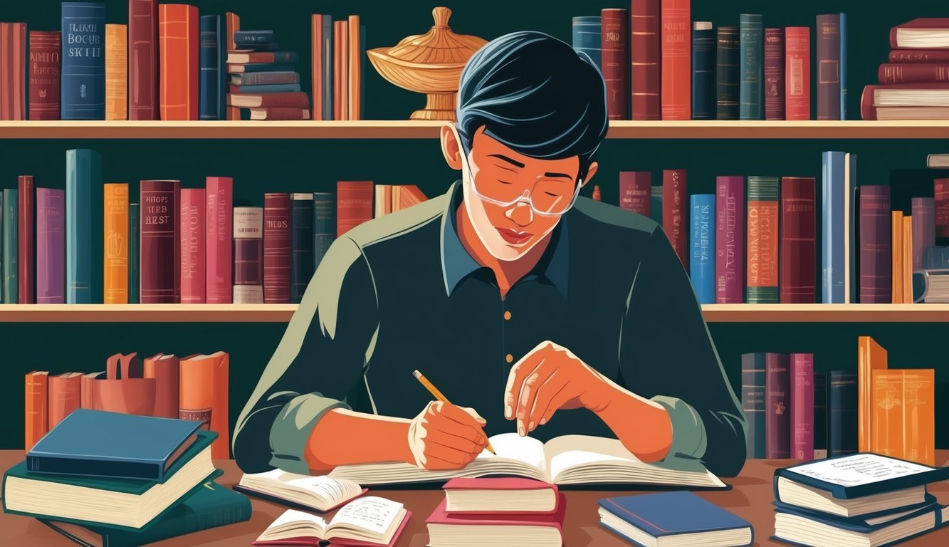 A person reading a variety of books and taking notes