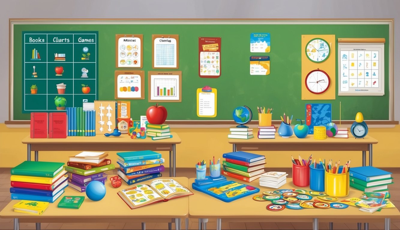 A classroom setting with various teaching materials and tools, such as books, charts, and educational games, arranged in an organized and engaging manner