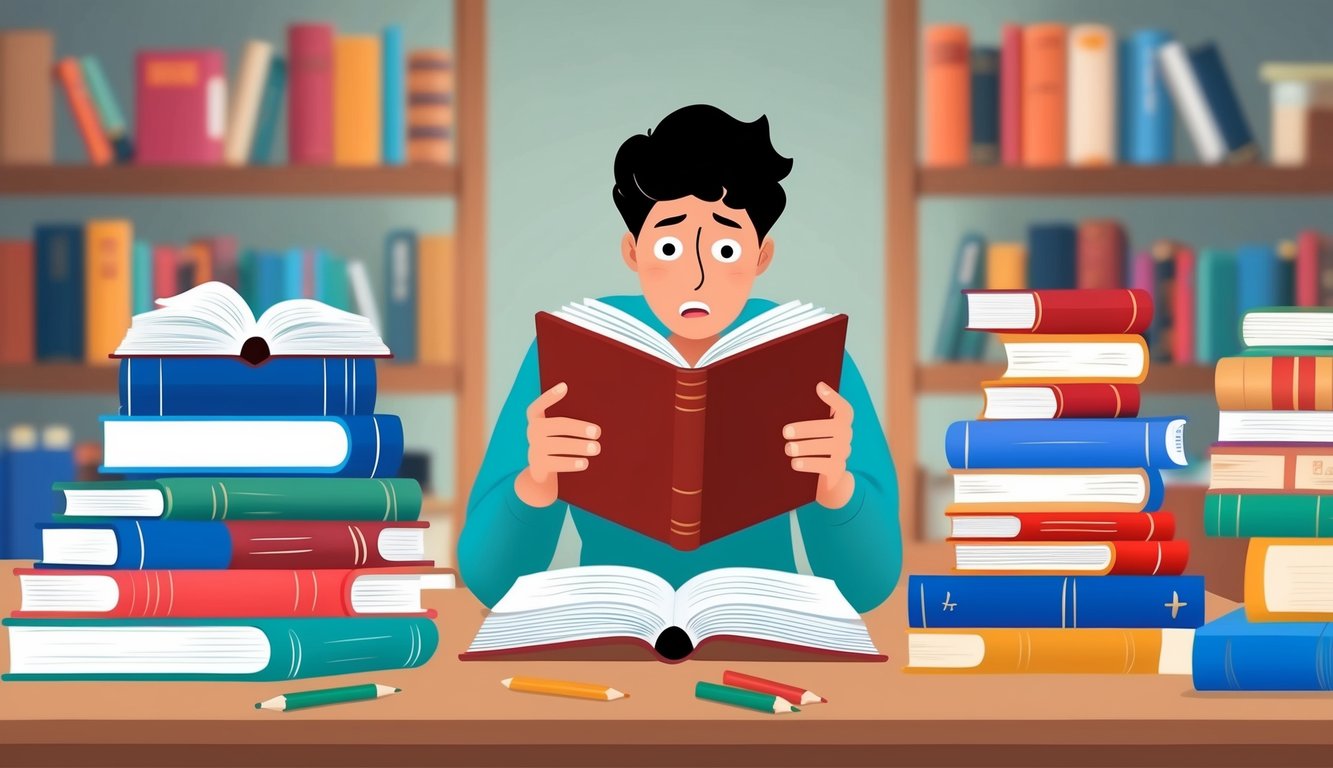 A person reading a book with a puzzled expression, surrounded by various books and study materials