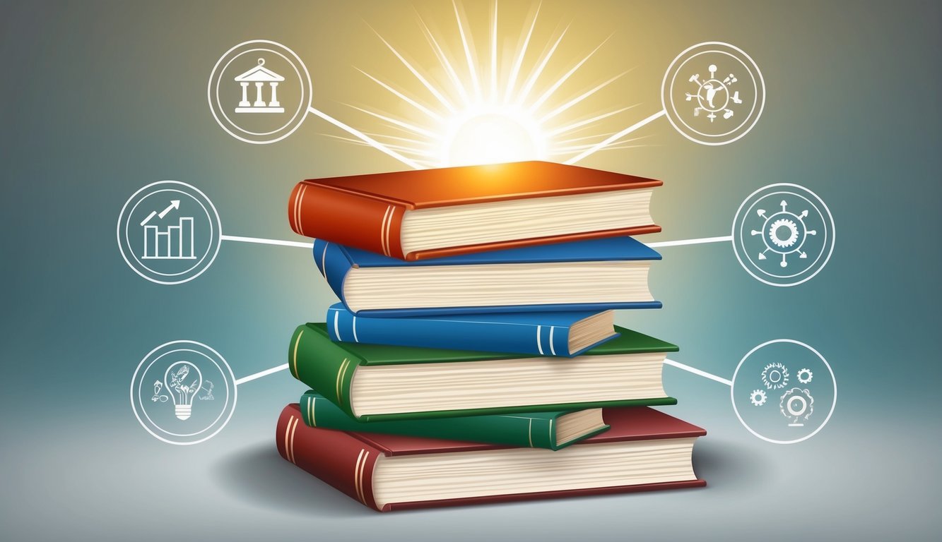 A stack of books with a shining light above, surrounded by various symbols representing different strategies for improvement