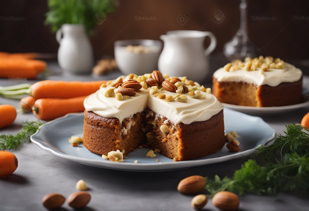 Um bolo de cenoura sem açúcar, coberto com um creme leve, cercado por cenouras frescas e uma pitada de nozes