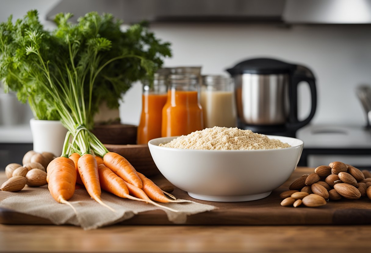 Uma bancada de cozinha com cenouras frescas, farinha de amêndoas e estévia em exibição. Uma tigela de mistura e copos medidores estão próximos, prontos para a criação de um bolo de cenoura saudável.