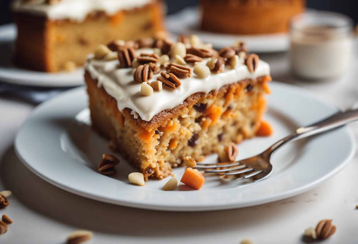 Um delicioso bolo de cenoura com cobertura sem açúcar e coberturas saudáveis, pronto para ser apreciado como uma sobremesa sem culpa.