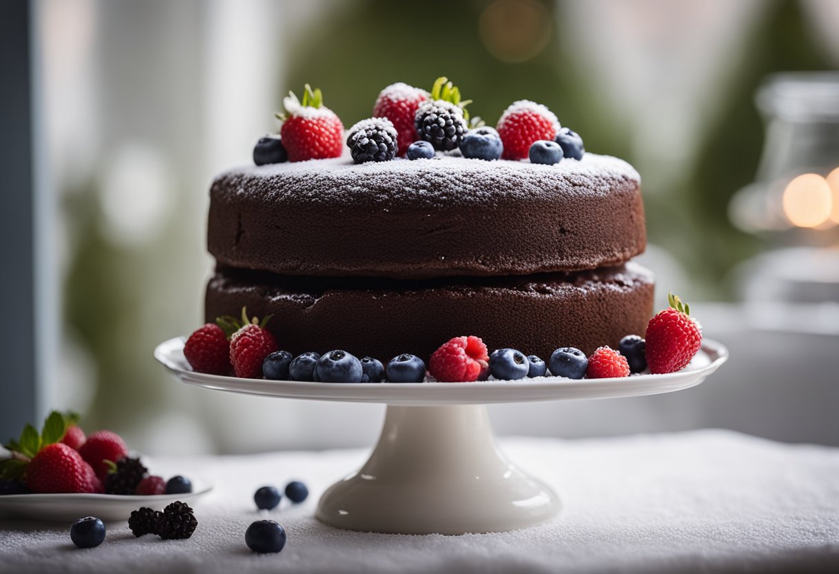 Um bolo de chocolate decadente repousa em um suporte de bolo branco, adornado com frutas vermelhas frescas e uma camada de açúcar de confeiteiro.